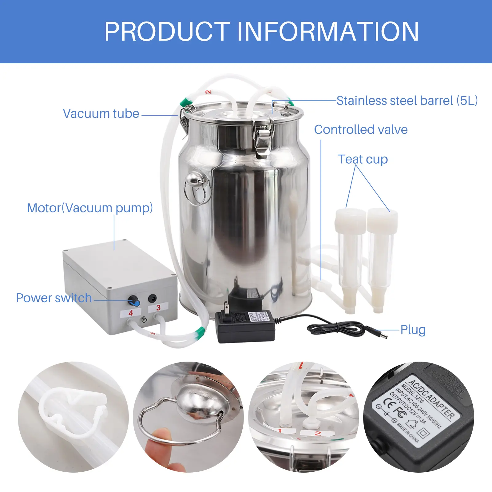 5L/10L Electric Automatic Goat Milking Machine 220V Pulsating Milking Machine Stainless Steel Milker Bucket Vacuum Pump