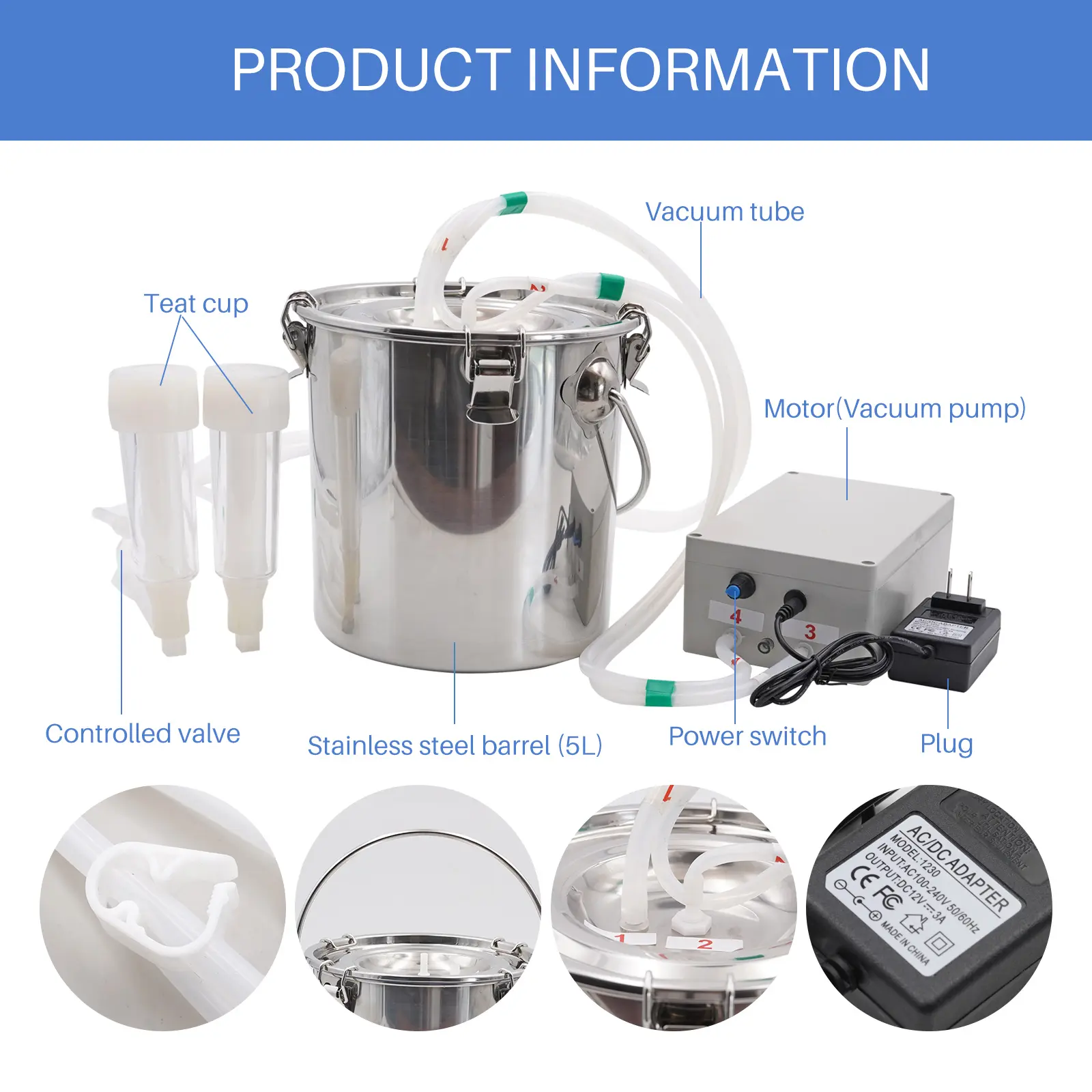 5L/10L Electric Automatic Goat Milking Machine 220V Pulsating Milking Machine Stainless Steel Milker Bucket Vacuum Pump