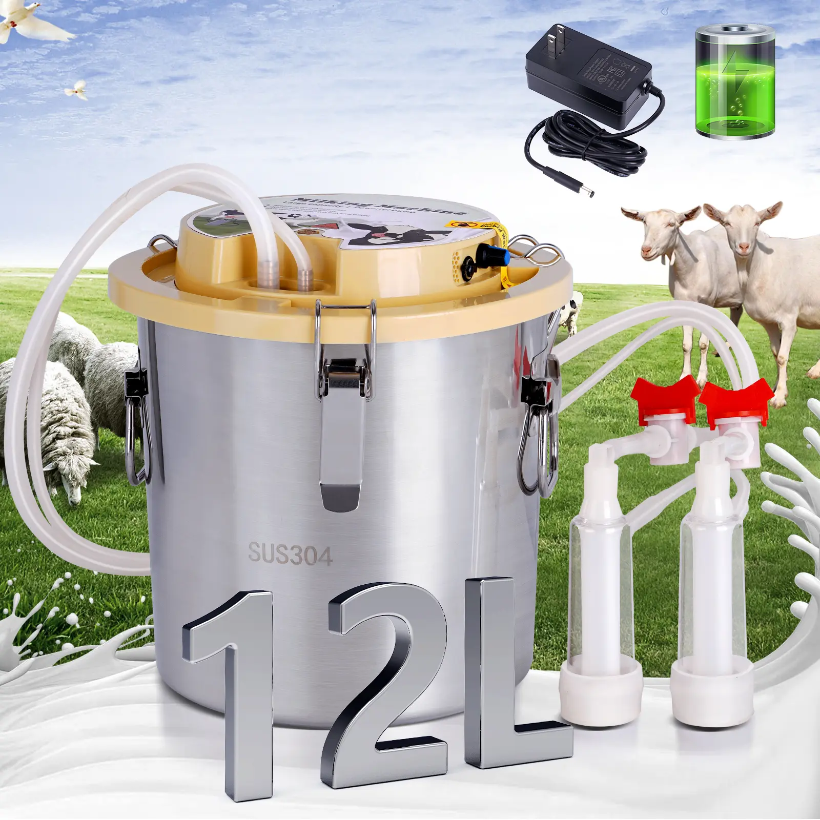 12L Cow Sheep Electric Integrated Milking Machine 304Stainless Steel Rechargeable and Plug-in Milking Machine for Cattle