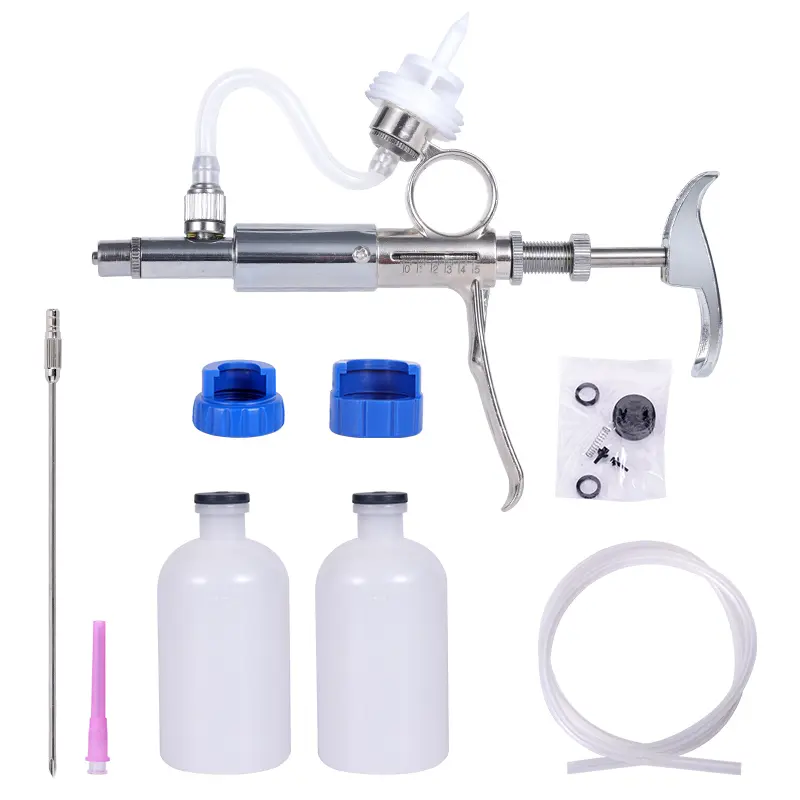 0.5~5ml Automatic Livestock Continuous Syringe With 10 Needles Veterinary Equipment With Bottles Vaccination Metal Multifunction