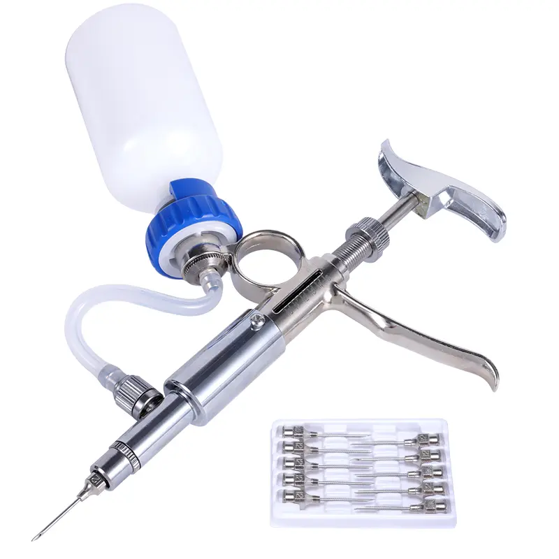 0.5~5ml Automatic Livestock Continuous Syringe With 10 Needles Veterinary Equipment With Bottles Vaccination Metal Multifunction