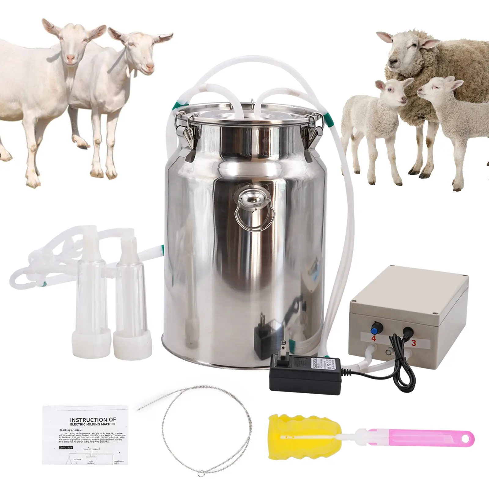 10L Electric Goat Milking Machine 220V Cattle Pulsating Milking Machine Stainless Steel Milker Bucket Vacuum Pump