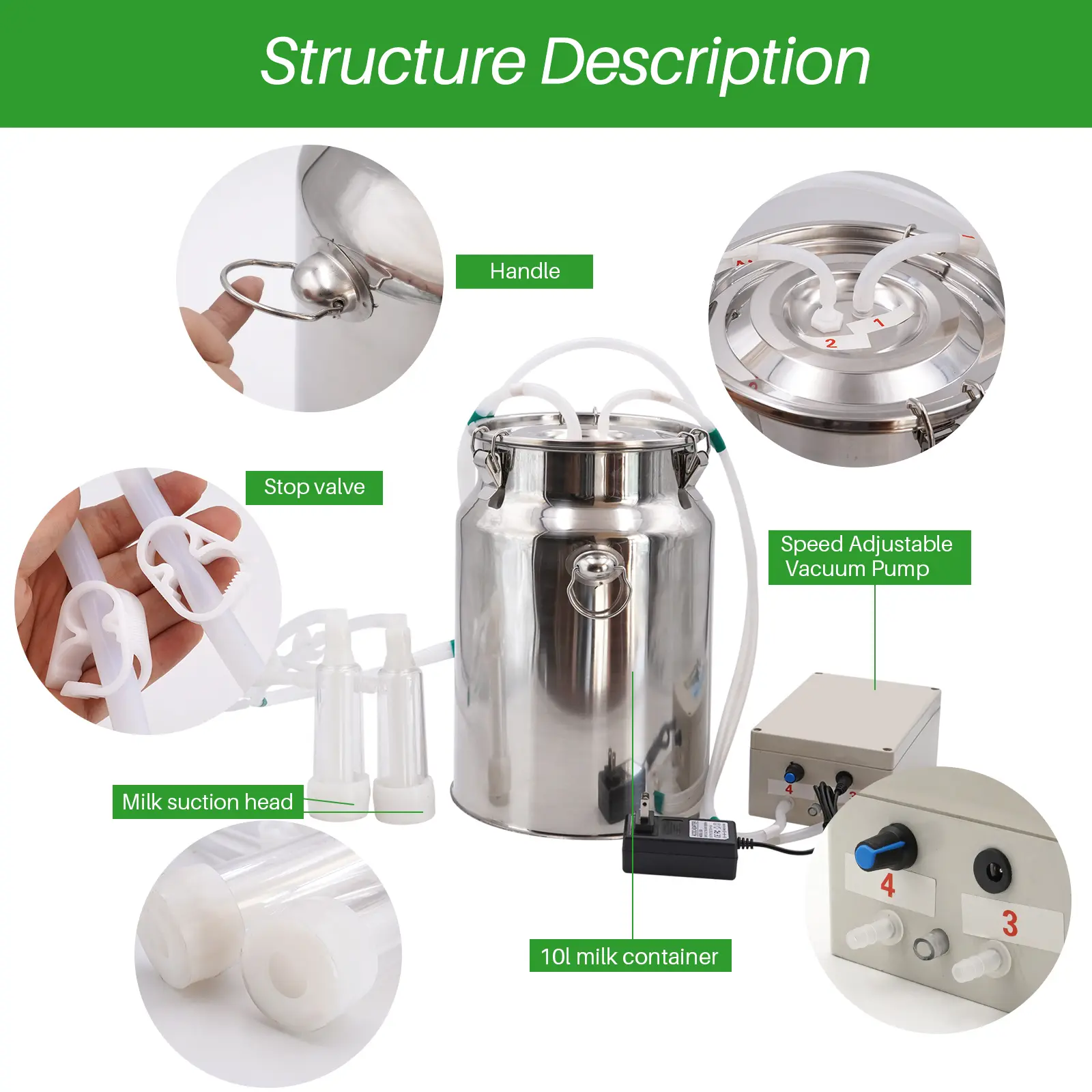 10L Electric Goat Milking Machine 220V Cattle Pulsating Milking Machine Stainless Steel Milker Bucket Vacuum Pump