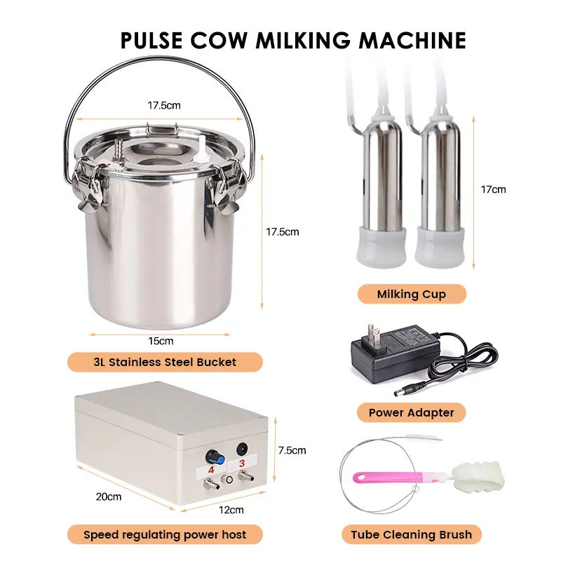 3L Cow Electric Milking Machine Stainless Steel Milker Electric Vacuum Pump 240V Cattle Automatic Efficient Milking Machine