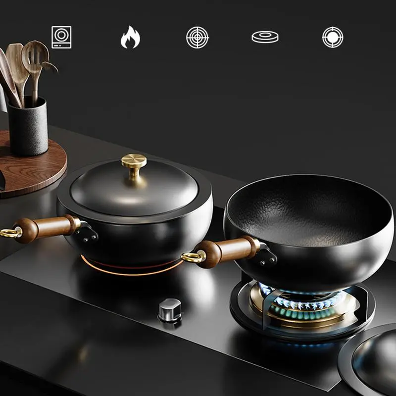 Ancient style big belly pot with lid Wooden handle handmade iron pot Sauce Pot Kitchen Pots Frying Pan Gas Stove Pot Cooking Pan