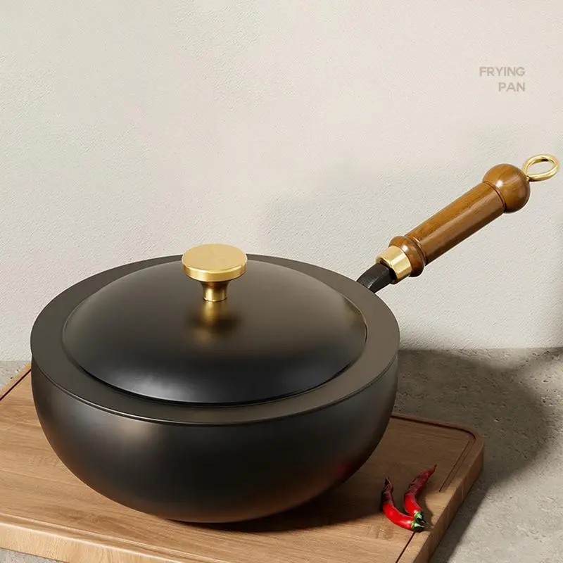 Ancient style big belly pot with lid Wooden handle handmade iron pot Sauce Pot Kitchen Pots Frying Pan Gas Stove Pot Cooking Pan