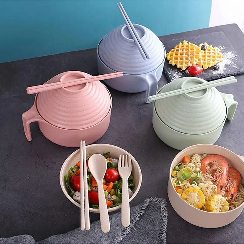 Noodle Bowl Set Rice Bowl With Chopsticks Spoon And Fork Ramen Noodle Rice Bowl With Lid And Handle For Home Dorm Room College