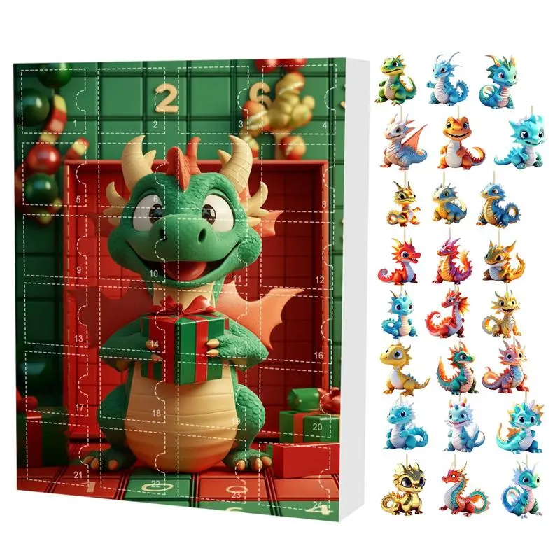 2024 Christmas Countdown Calendar Dragon Baby Christmas Advent Calendar 2D Flat Acrylic Dinosaur Baby Christmas Tree Pendant