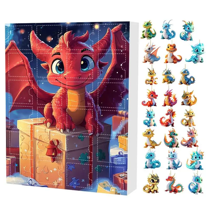 2024 Christmas Countdown Calendar Dragon Baby Christmas Advent Calendar 2D Flat Acrylic Dinosaur Baby Christmas Tree Pendant