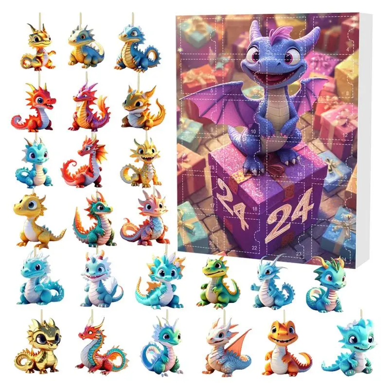 2024 Christmas Countdown Calendar Dragon Baby Christmas Advent Calendar 2D Flat Acrylic Dinosaur Baby Christmas Tree Pendant