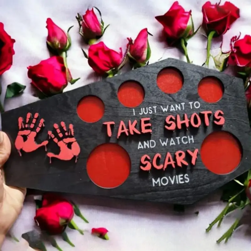 Shot Glass Holder Tray Wine Shot Glass Tray Coffin-shaped Wooden Serving Board Horror Serving Tray Halloween Shot Glass Holder