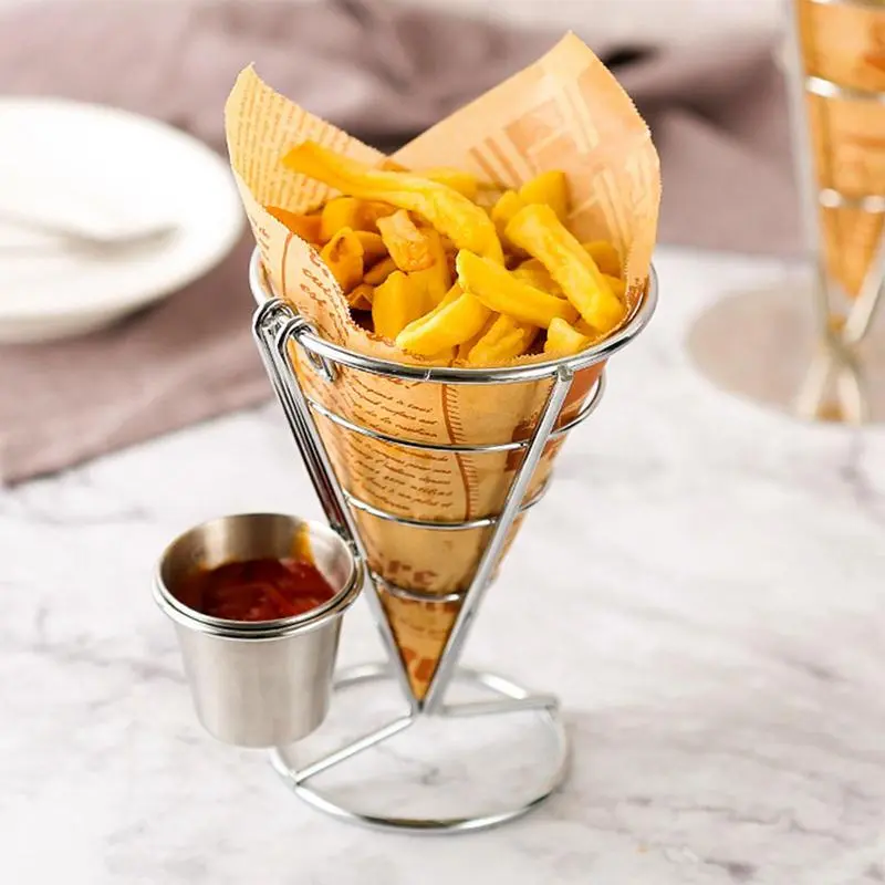 Cone Shaped French Fry Holder Food Service Display Stands With 2 Sauce Cups Stainless Steel French Fry Cup Holder French Fry