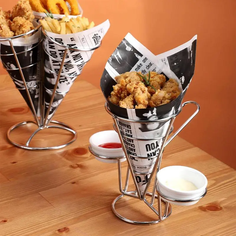 Cone Shaped French Fry Holder Food Service Display Stands With 2 Sauce Cups Stainless Steel French Fry Cup Holder French Fry