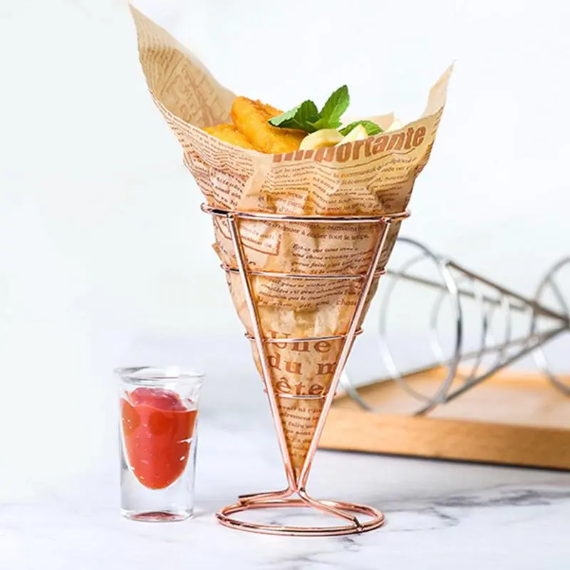 Cone Shaped French Fry Holder Food Service Display Stands With 2 Sauce Cups Stainless Steel French Fry Cup Holder French Fry