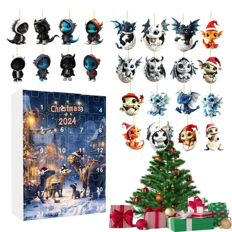 Blue Dragon Christmas Advent Calendar 24X Acrylic Animal Ornaments For Car Interior Set 2024 Cute Holiday Arrival Toys Countdown