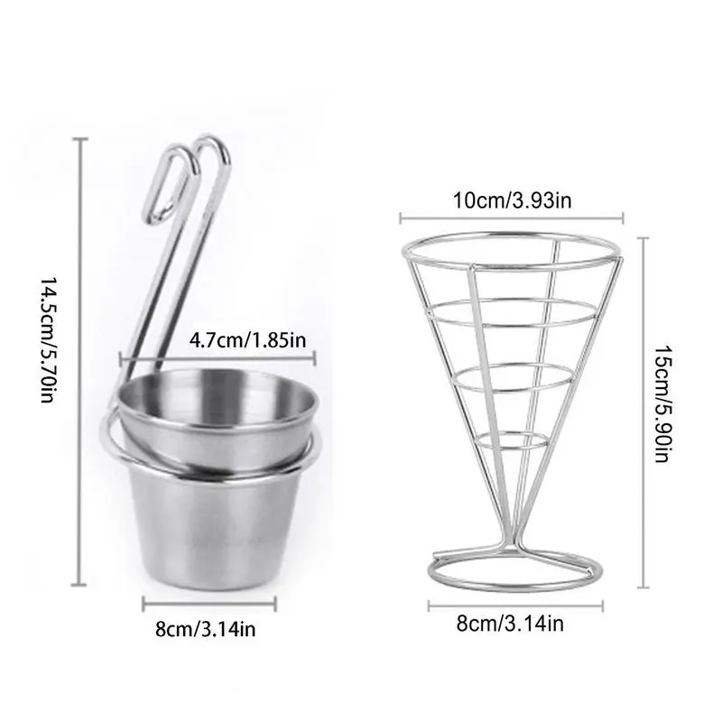 Cone Shaped French Fry Holder Food Service Display Stands With 2 Sauce Cups Stainless Steel French Fry Cup Holder French Fry