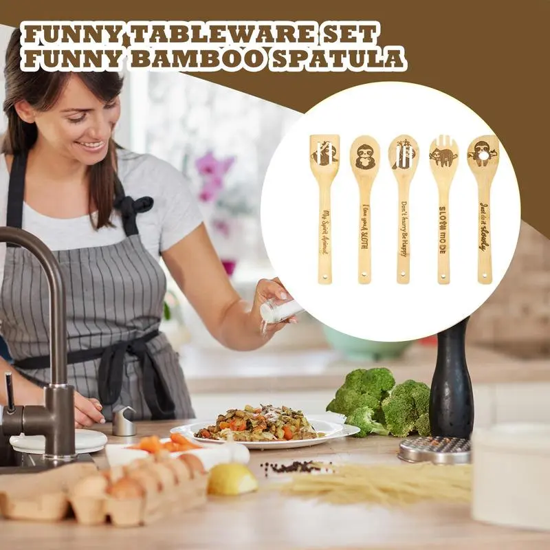 Spatulas For Kitchen Use 5-Piece Cooking Utensil Set Wooden Ladle Cooking Spoon Set Funny Cookware Utensil Set For Home Kitchen