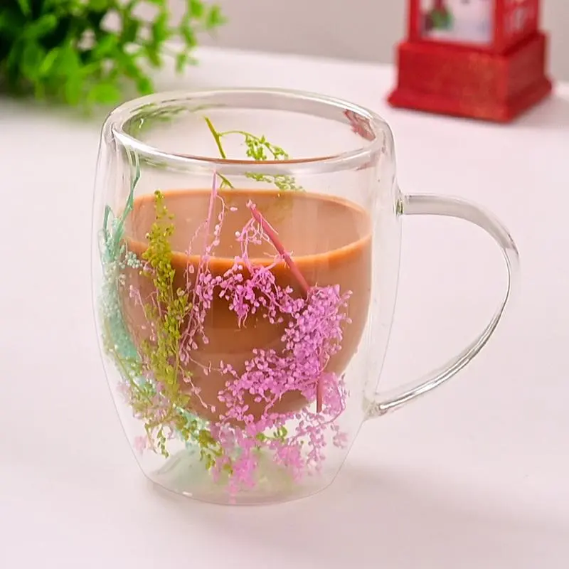 Double Wall Glass Cup  Dry Flowers Insulated Flowers Espresso Cup Coffee Mugs  Duals Layered Glass Cups Dried Flowers Bottle