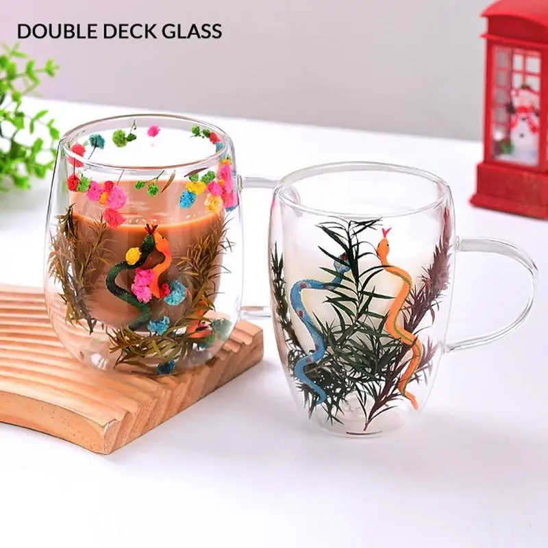Double Wall Glass Cup  Dry Flowers Insulated Flowers Espresso Cup Coffee Mugs  Duals Layered Glass Cups Dried Flowers Bottle