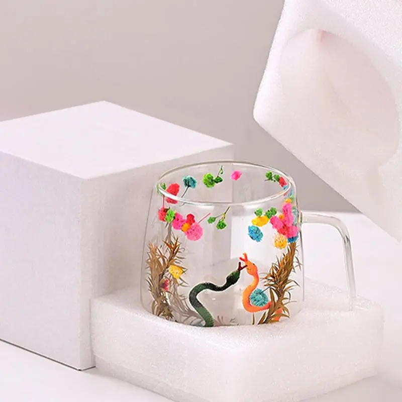 Double Wall Glass Cup  Dry Flowers Insulated Flowers Espresso Cup Coffee Mugs  Duals Layered Glass Cups Dried Flowers Bottle