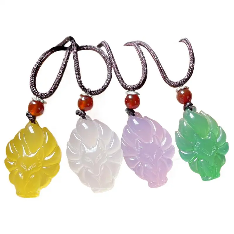 Jade Foxs Pendant Nine Tailed Animal Necklace Jewelry White Chalcedony Nine-tailed Foxs Pendant Charm Jewelry Carved Amulet