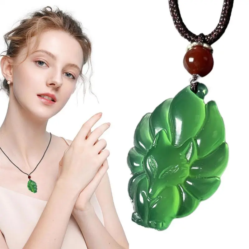Jade Foxs Pendant Nine Tailed Animal Necklace Jewelry White Chalcedony Nine-tailed Foxs Pendant Charm Jewelry Carved Amulet