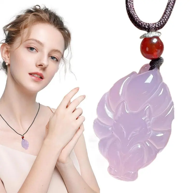 Jade Foxs Pendant Nine Tailed Animal Necklace Jewelry White Chalcedony Nine-tailed Foxs Pendant Charm Jewelry Carved Amulet