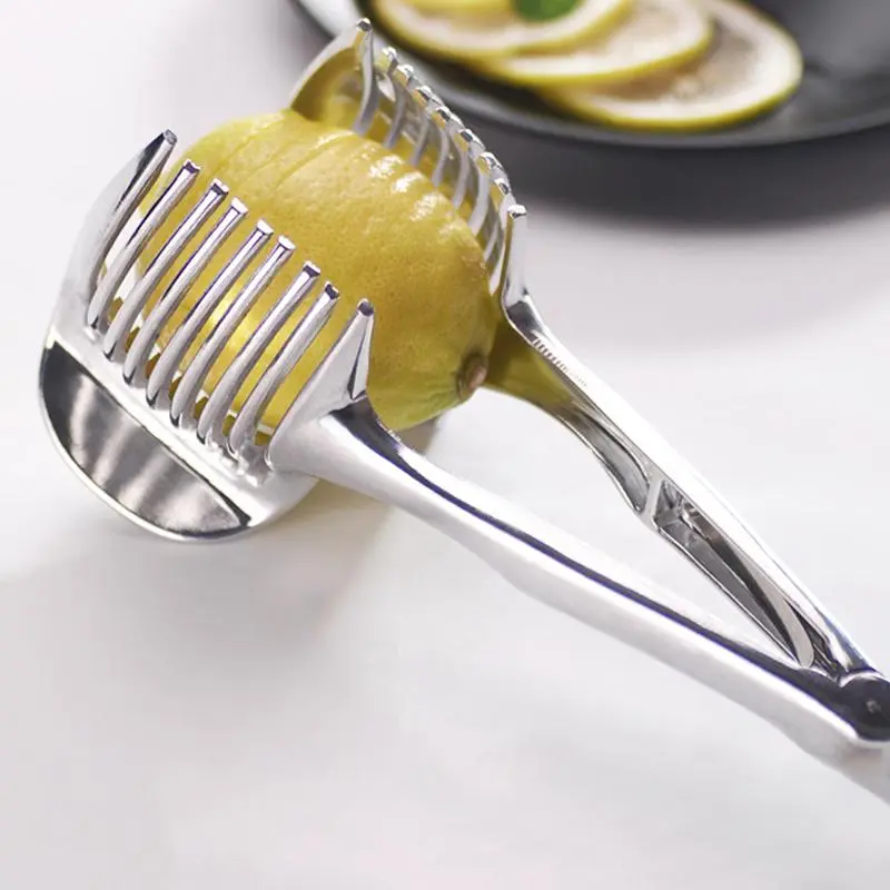 Lemon Cutter With Handle Stainless Multipurpose Handheld Round Fruit Tongs Egg Tomato Kiwi Slicer For Getting Even Slices