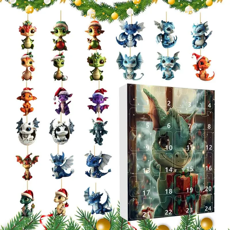 2024 Christmas Dragon Advent Calendar kit Christmas tree Acrylic Dinosaur Ornament Acrylic 2d Dragon Pendant Toy Christmas gift