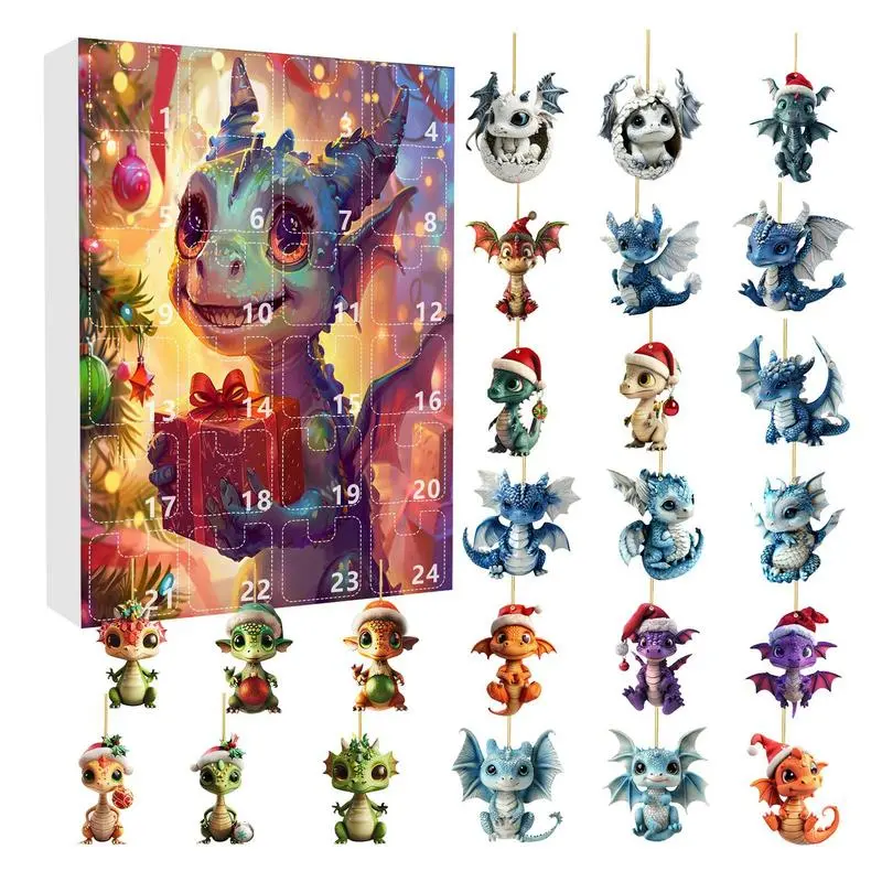 2024 Christmas Dragon Advent Calendar kit Christmas tree Acrylic Dinosaur Ornament Acrylic 2d Dragon Pendant Toy Christmas gift