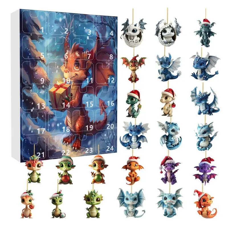 2024 Christmas Dragon Advent Calendar kit Christmas tree Acrylic Dinosaur Ornament Acrylic 2d Dragon Pendant Toy Christmas gift