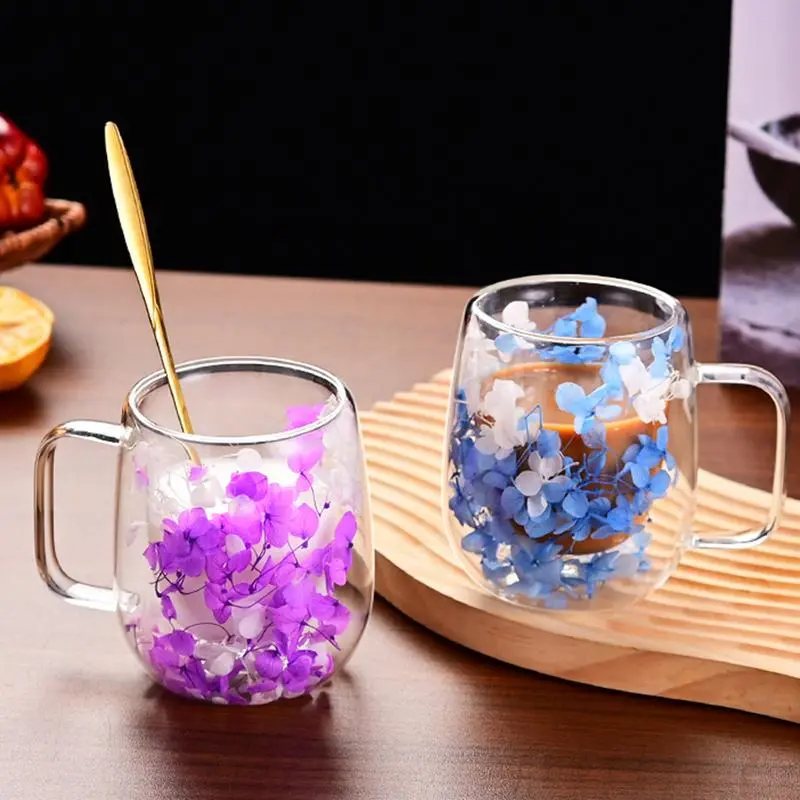 Double Wall Glass Cup Dried Flower Decorated Coffee Milk Mug  Dried Flowers Glass Mug Heat Resistant Coffee Mug Flower Cup