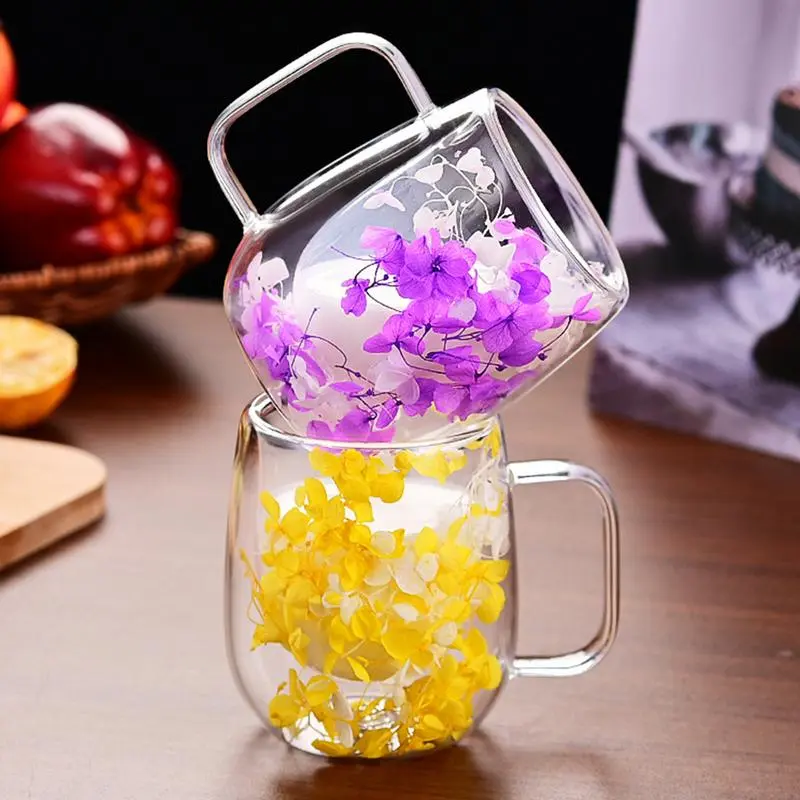 Double Wall Glass Cup Dried Flower Decorated Coffee Milk Mug  Dried Flowers Glass Mug Heat Resistant Coffee Mug Flower Cup