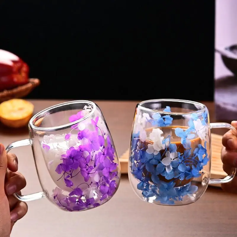 Double Wall Glass Cup Dried Flower Decorated Coffee Milk Mug  Dried Flowers Glass Mug Heat Resistant Coffee Mug Flower Cup