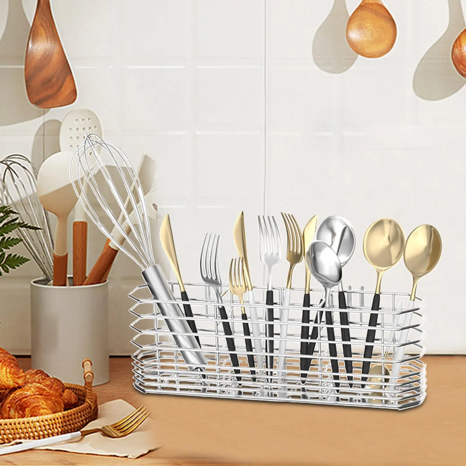 Cutlery Basket Stainless Steel Cutlery Hangable Basket Flatware Drying Rack Fork Drainage Containers For Kitchen Countertops