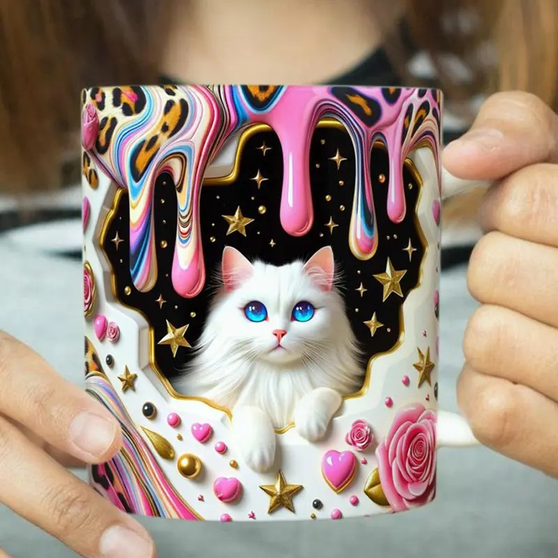 Coffee Cup Print Mug Ceramic 3D Visual Cat Milk Cup nimal Ceramic Mug Kitten Coffee Mug Cat Water Cup Milk Latte Breakfast Cup