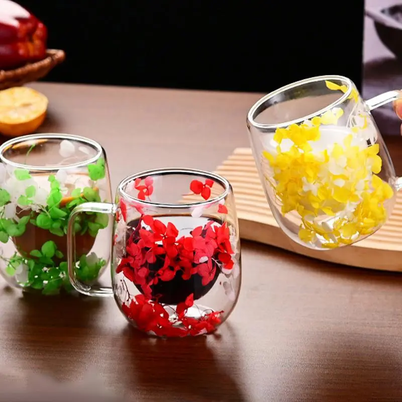 Double Wall Glass Cup Dried Flower Decorated Coffee Milk Mug  Dried Flowers Glass Mug Heat Resistant Coffee Mug Flower Cup