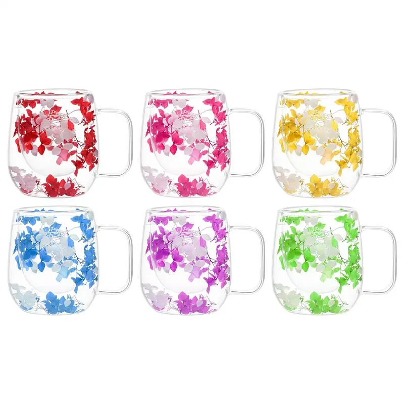 Double Wall Glass Cup Dried Flower Decorated Coffee Milk Mug  Dried Flowers Glass Mug Heat Resistant Coffee Mug Flower Cup