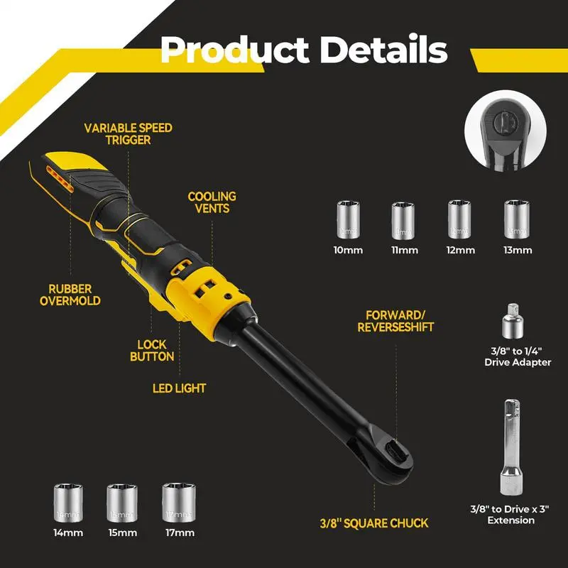 Electric Ratchet Wrench 21V Power Ratchet Wrench Power Tool Drive With Extension Bar Anti-Slip Grip 3/8 In For Automotive Repair