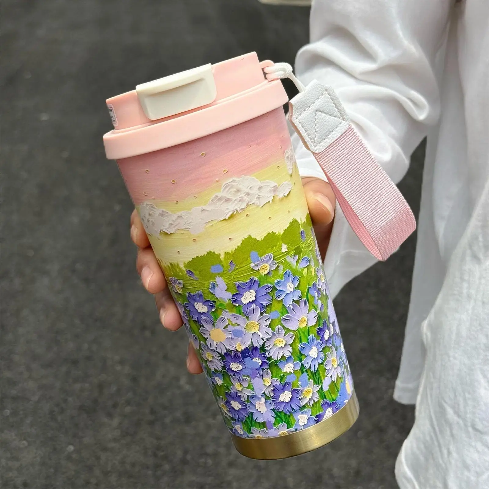 Thermal Coffee Cup 500ml Travel Coffee Mug Flower Pattern Double Drink Modes Water Bottle with Lanyard and Lid Leak-Proof Cup