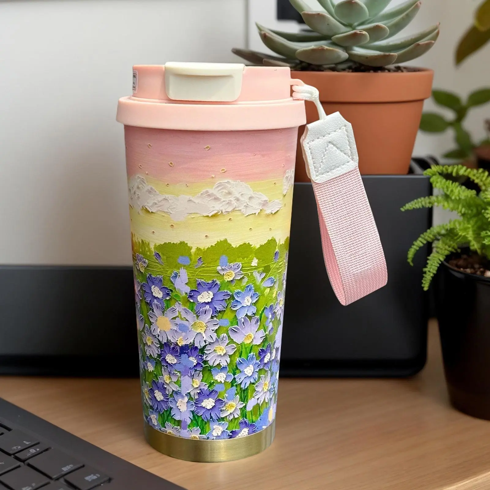 Thermal Coffee Cup 500ml Travel Coffee Mug Flower Pattern Double Drink Modes Water Bottle with Lanyard and Lid Leak-Proof Cup