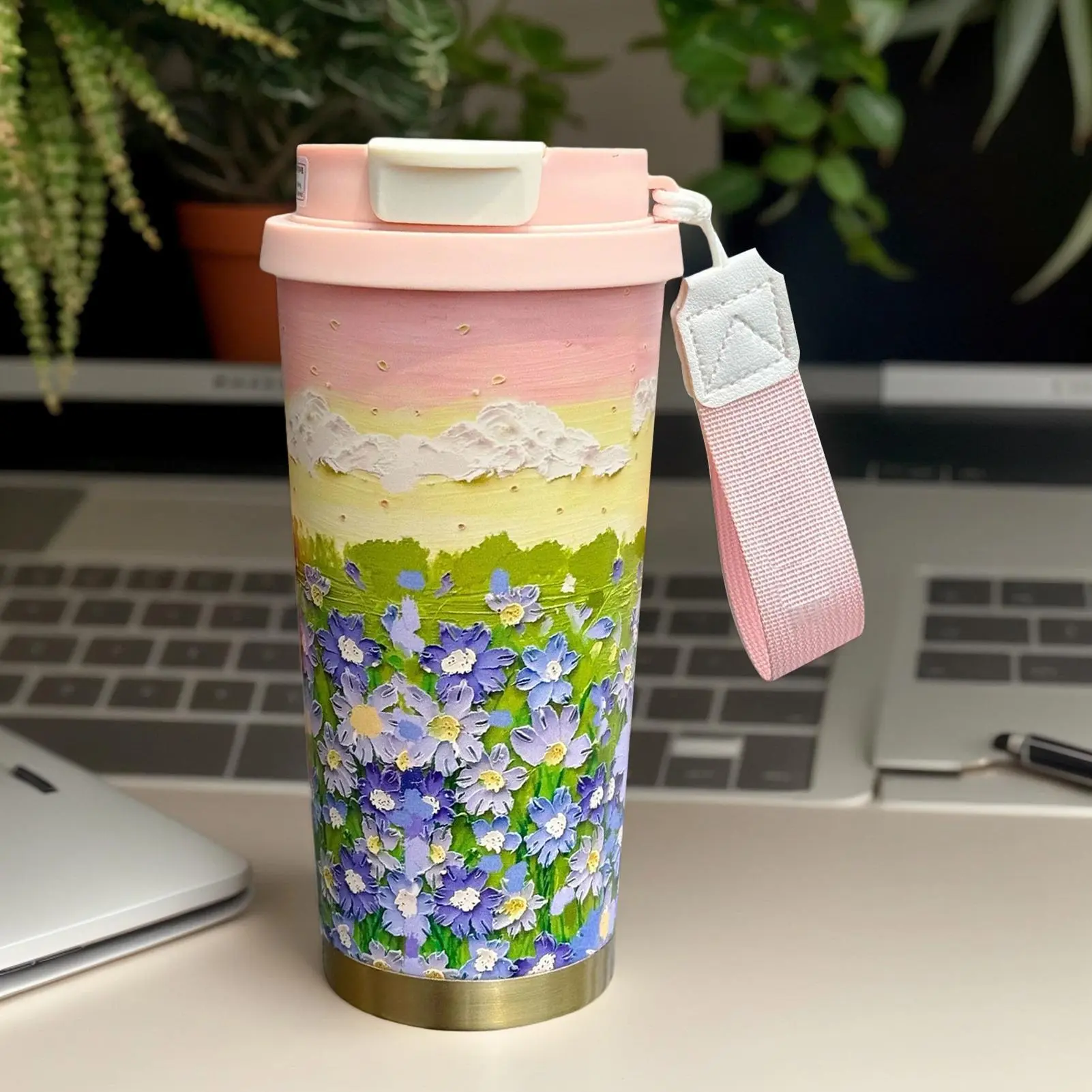 Thermal Coffee Cup 500ml Travel Coffee Mug Flower Pattern Double Drink Modes Water Bottle with Lanyard and Lid Leak-Proof Cup