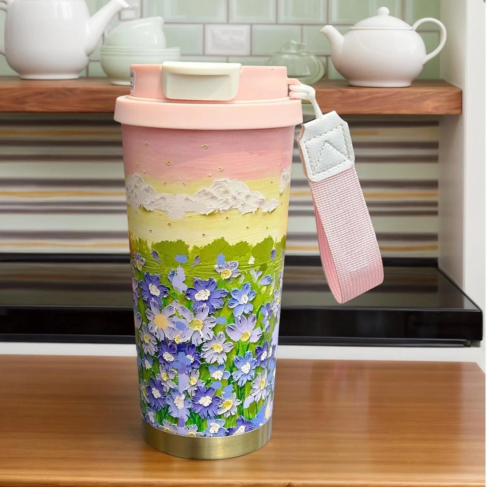 Thermal Coffee Cup 500ml Travel Coffee Mug Flower Pattern Double Drink Modes Water Bottle with Lanyard and Lid Leak-Proof Cup