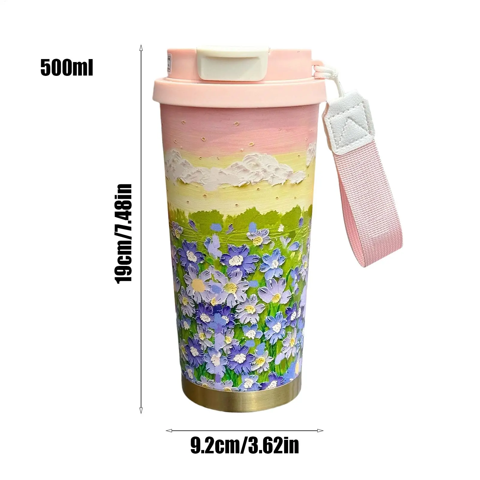 Thermal Coffee Cup 500ml Travel Coffee Mug Flower Pattern Double Drink Modes Water Bottle with Lanyard and Lid Leak-Proof Cup