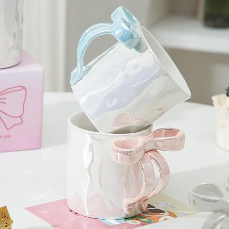 Bow Coffee Mug Modern Ceramic Cups Latte Hot Cocoa Beverage Water cup Bow Handle Mug Breakfast Milk Cup Coffee Cup Girl's Mug
