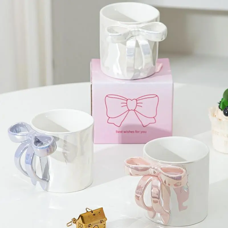 Bow Coffee Mug Modern Ceramic Cups Latte Hot Cocoa Beverage Water cup Bow Handle Mug Breakfast Milk Cup Coffee Cup Girl's Mug