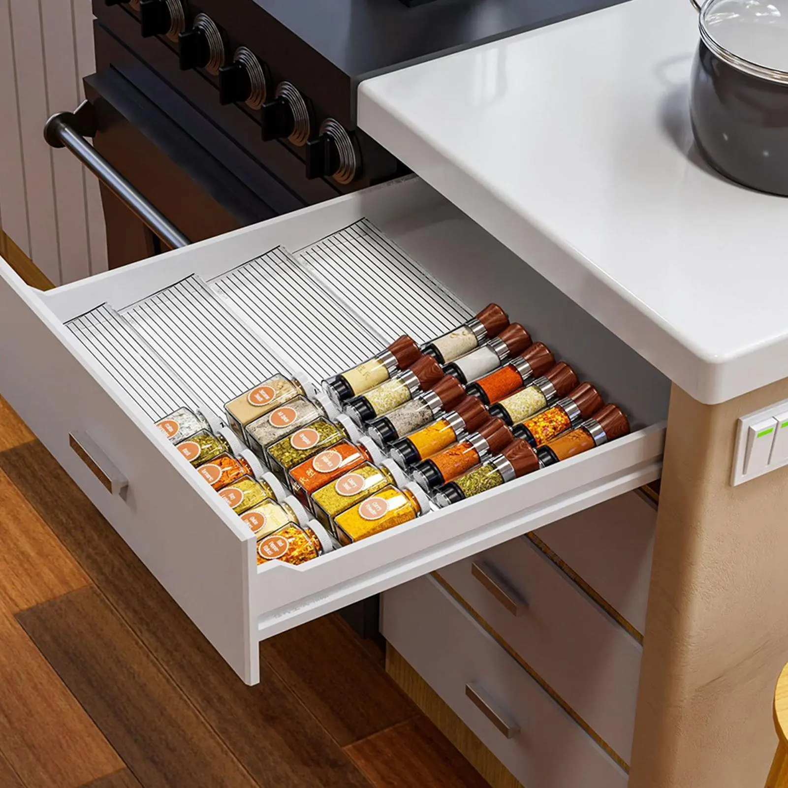 Drawer Seasoning Rack Spices Drawer Organizer 4pcs Space-Saving Cooking Condiment Tray Seasoning Organizer Spices Jars Rack Tray