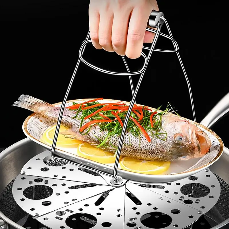 Vegetable Steamer Basket Expandable Stainless Steel Veggie Steamer Basket Thicken Anti-scalding Grip Adjusted Height Folding