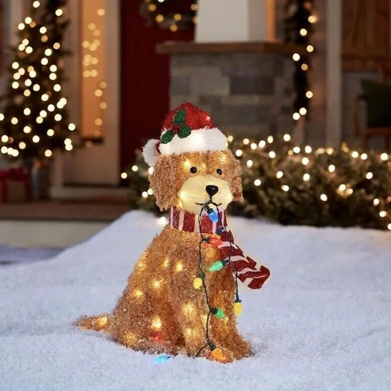 Dog Christmas Yard Signs Dog-Shaped Design Yard Stake Light Up Design Sturdy Yard Ornaments For Courtyard Garden Balcony Trees