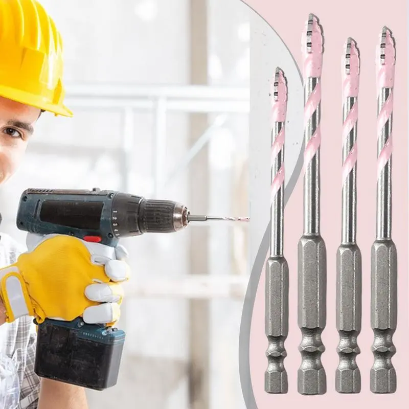 4pcs Masonry Drill Bit Set Concrete Drill Bits Serrated Eccentric Bits Skewed Head High Hardness Tile Drill Bit 4 Flute Drill